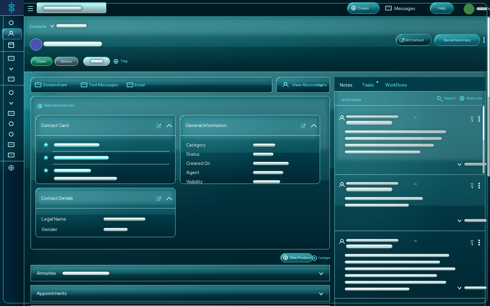 A Swivel contact record: policies and accounts, household, documents, and a full communication timeline together on one screen.