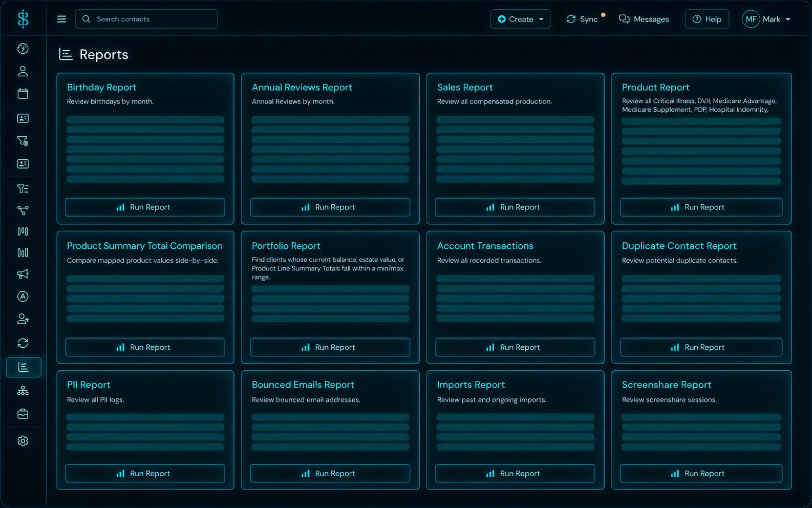Swivel reporting and analytics: a dashboard tracking submitted and issued production against agent goals, alongside the prebuilt report library.