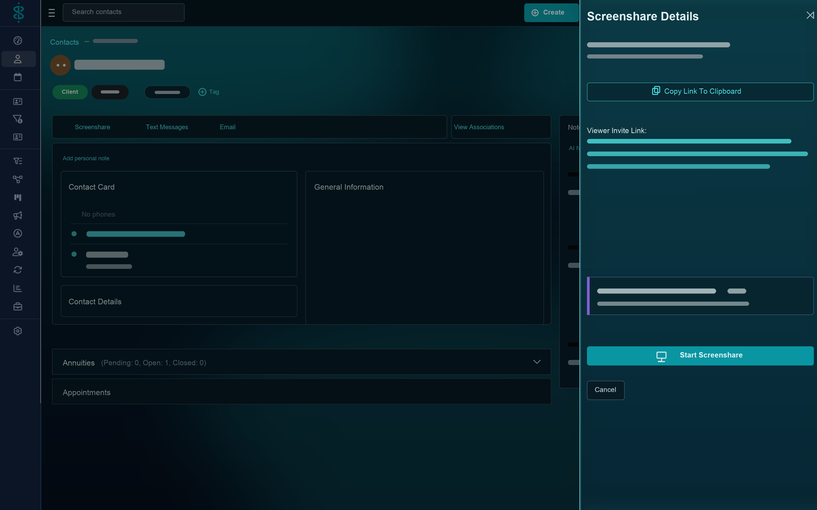 Swivel screenshare: a live session started from a client's contact record, with the join invite sent by text or email.