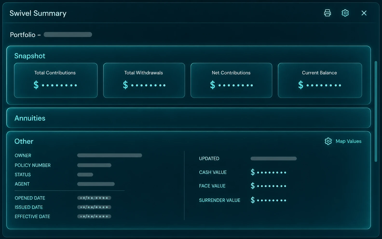 A Swivel Summary: a client's entire portfolio on one page — per-product cards with balances and trend sparklines.